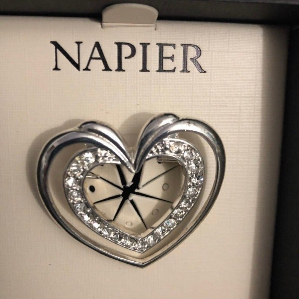 Napier Silver Tone Rhinestone Heart Brooch NIB